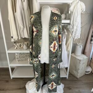 Agnes & Dora Women's Sz XL Gray Tribal Print Open Front Longline Cardigan #3564